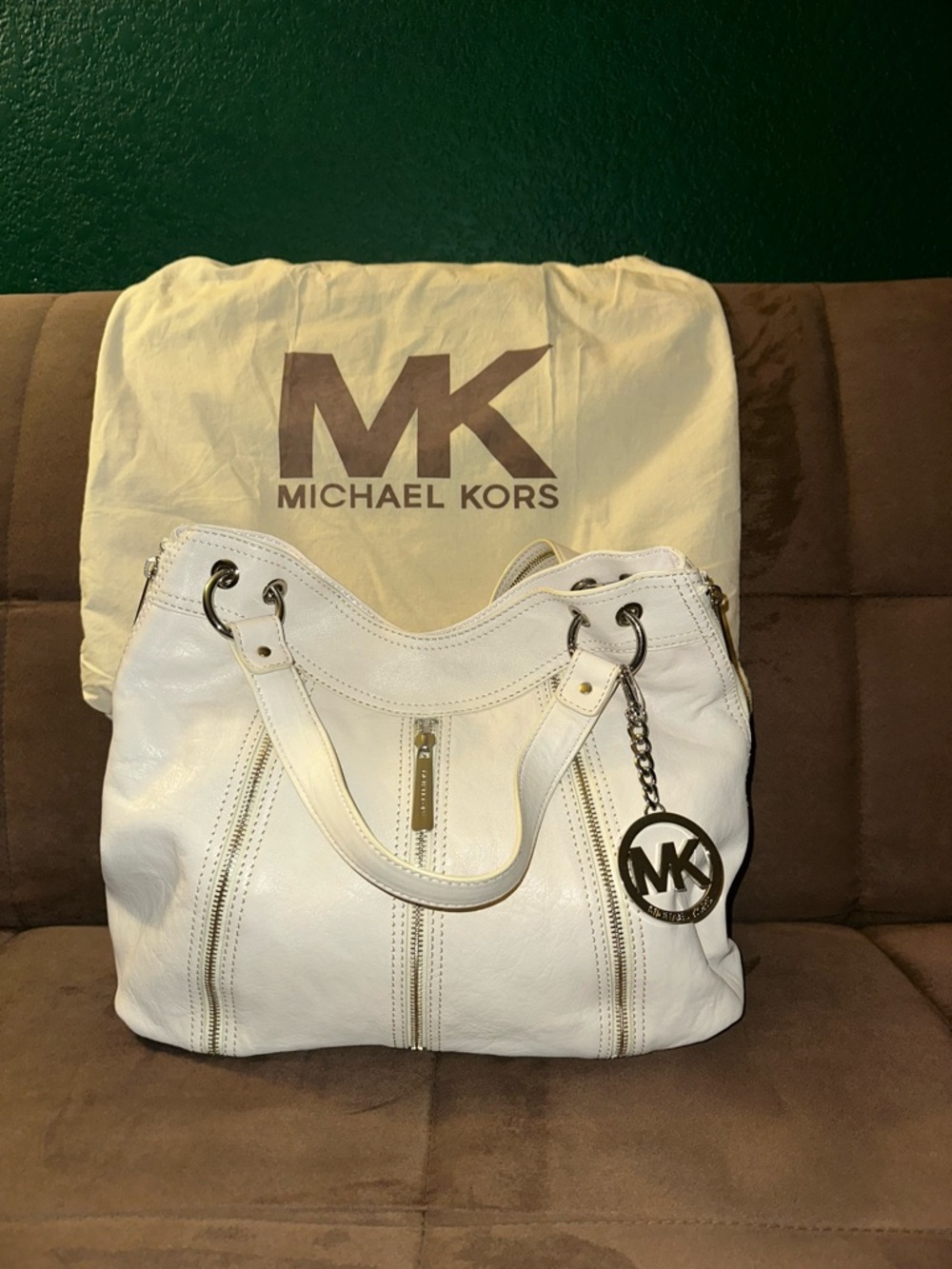 Michael Kors Cream Leather Shoulder Tote with MK Charm